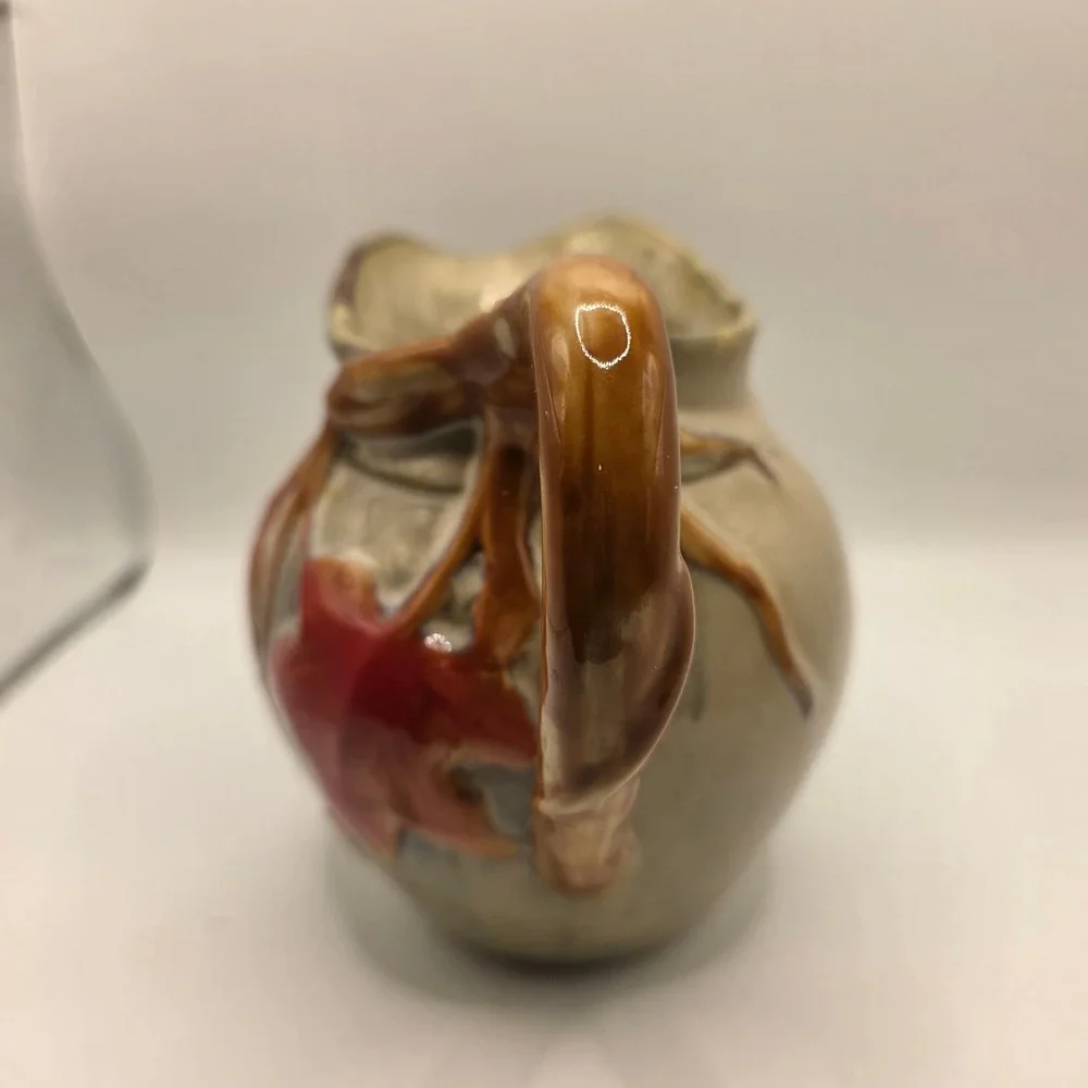 Vintage Studio Pottery Glazed Stoneware Maple Leaf Pitcher Branch Handle 5.5
